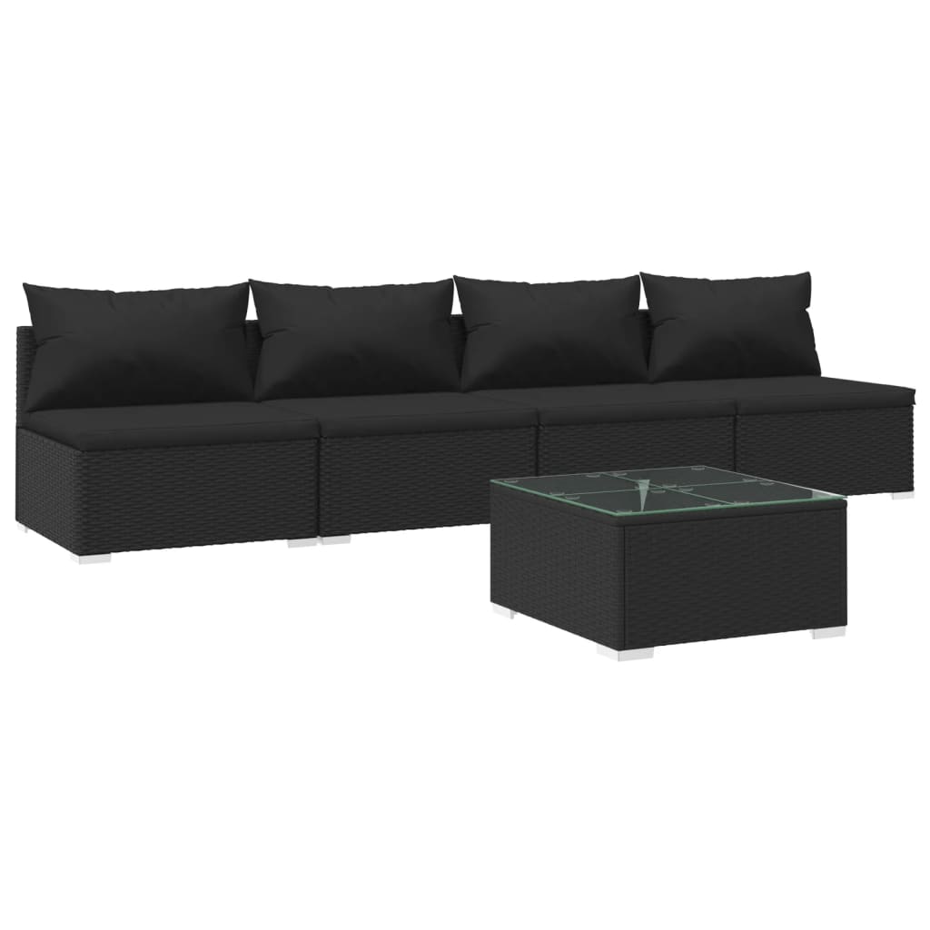 5-tlg. Garten-Lounge-Set mit Kissen Poly Rattan Schwarz