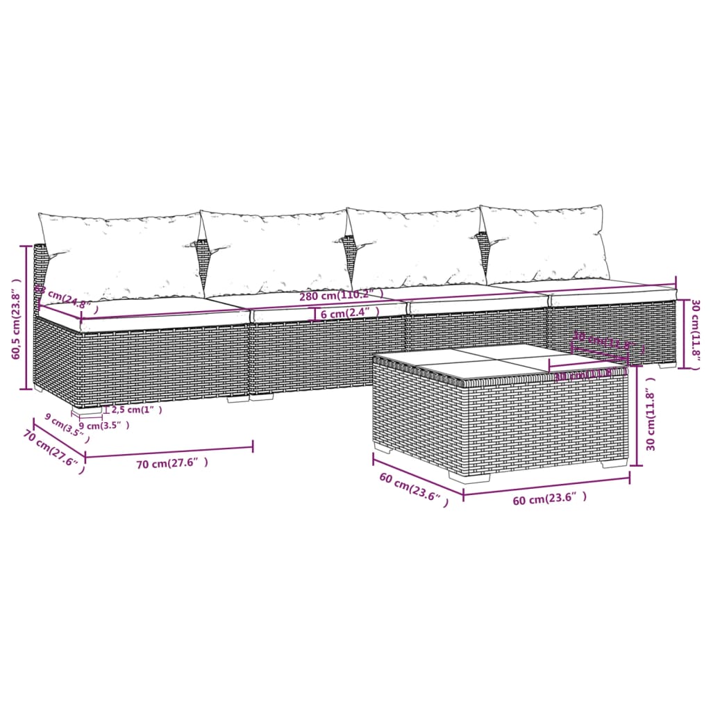 5-tlg. Garten-Lounge-Set mit Kissen Poly Rattan Schwarz