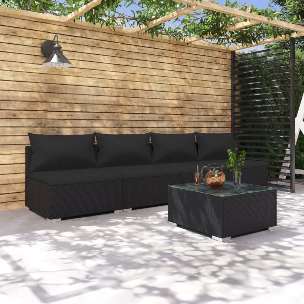 5-tlg. Garten-Lounge-Set mit Kissen Poly Rattan Schwarz