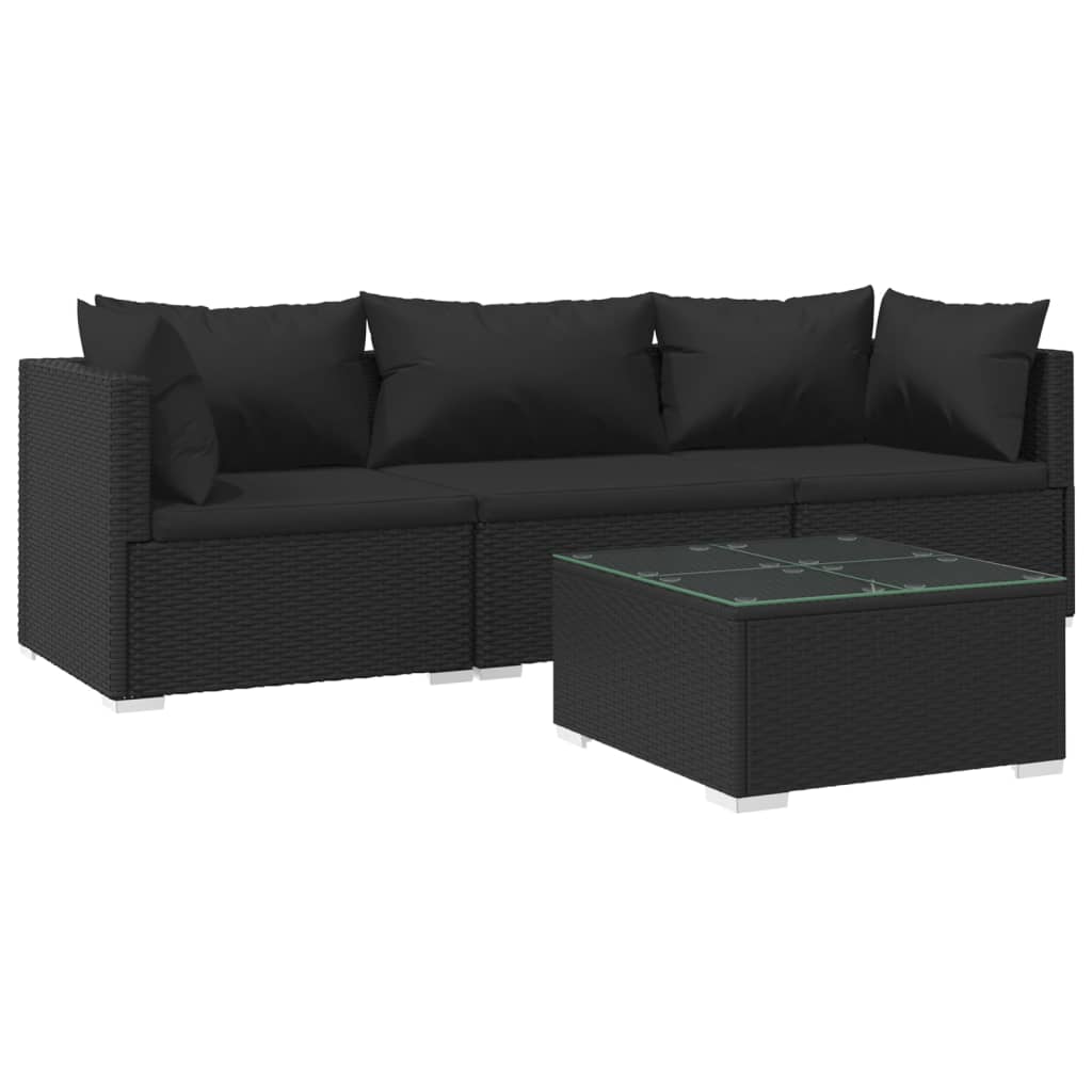 4-tlg. Garten-Lounge-Set mit Kissen Poly Rattan Schwarz