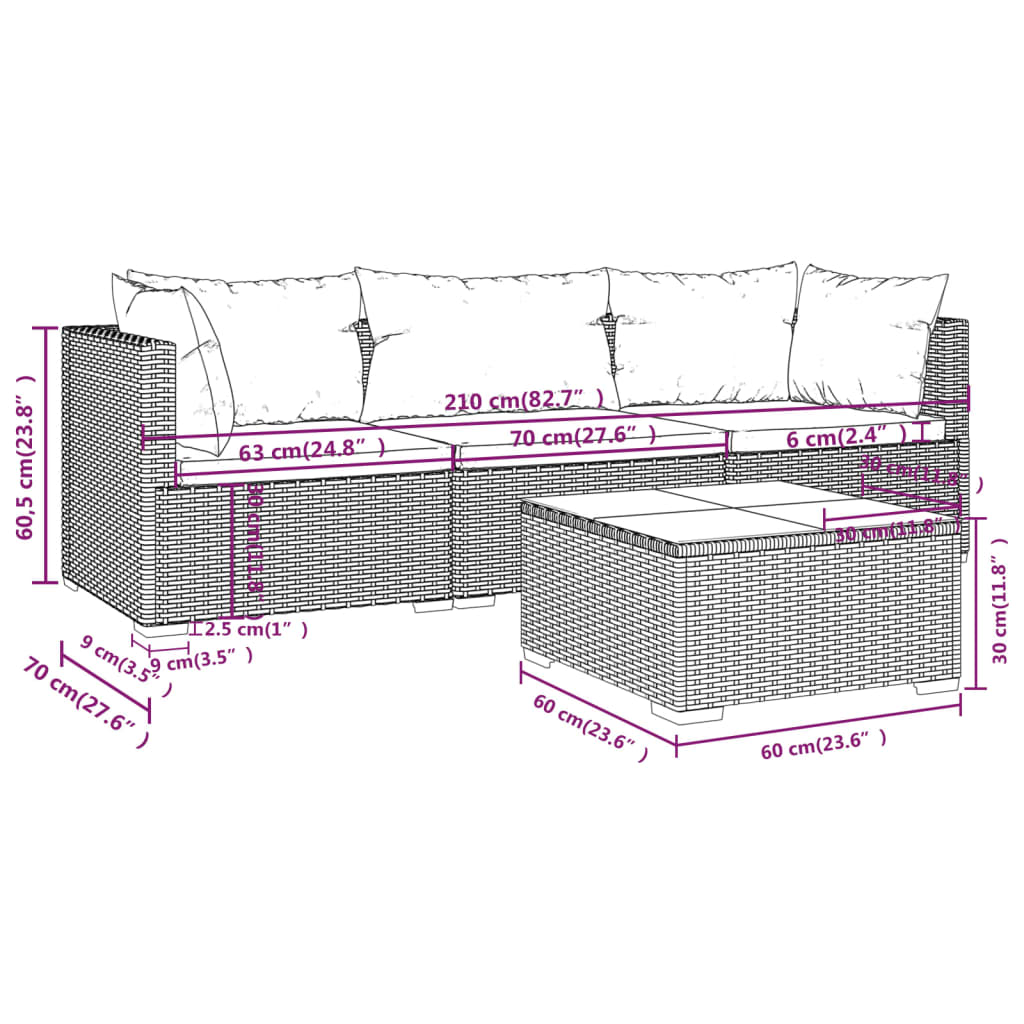 4-tlg. Garten-Lounge-Set mit Kissen Poly Rattan Schwarz