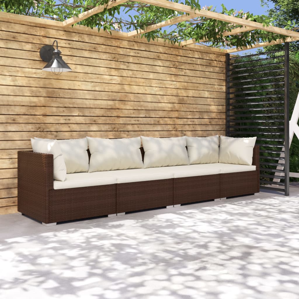 4-tlg. Garten-Lounge-Set mit Kissen Poly Rattan Braun