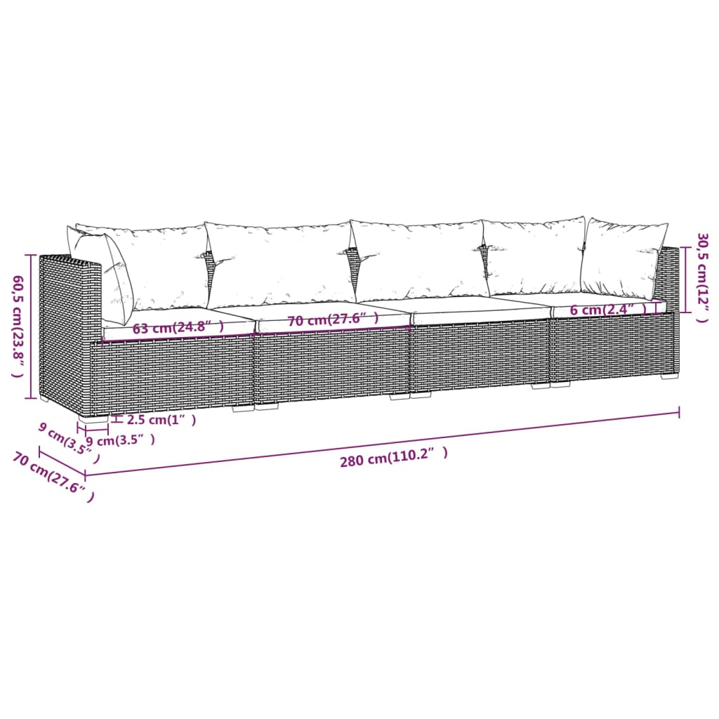 4-tlg. Garten-Lounge-Set mit Kissen Poly Rattan Grau