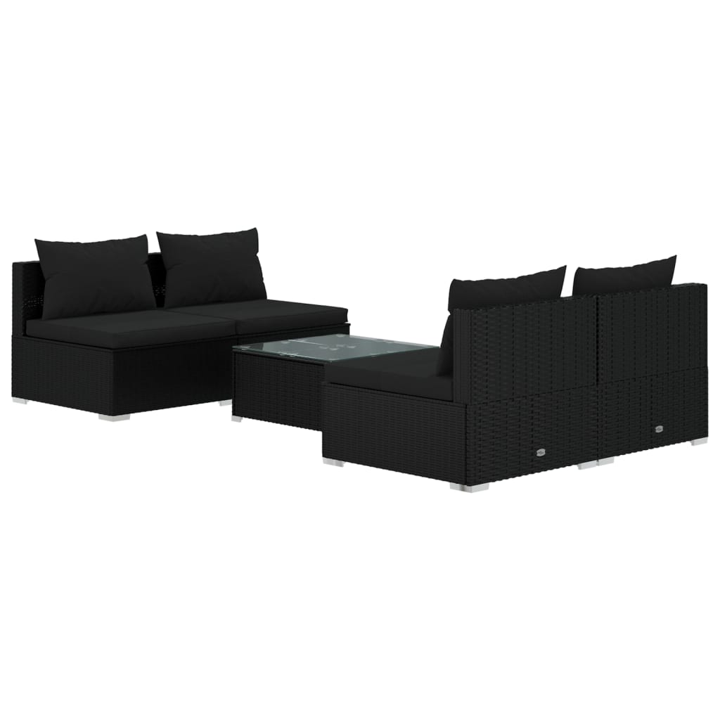 5-tlg. Garten-Lounge-Set mit Kissen Poly Rattan Schwarz