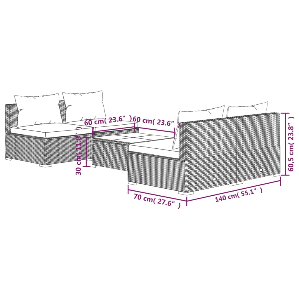 5-tlg. Garten-Lounge-Set mit Kissen Poly Rattan Schwarz