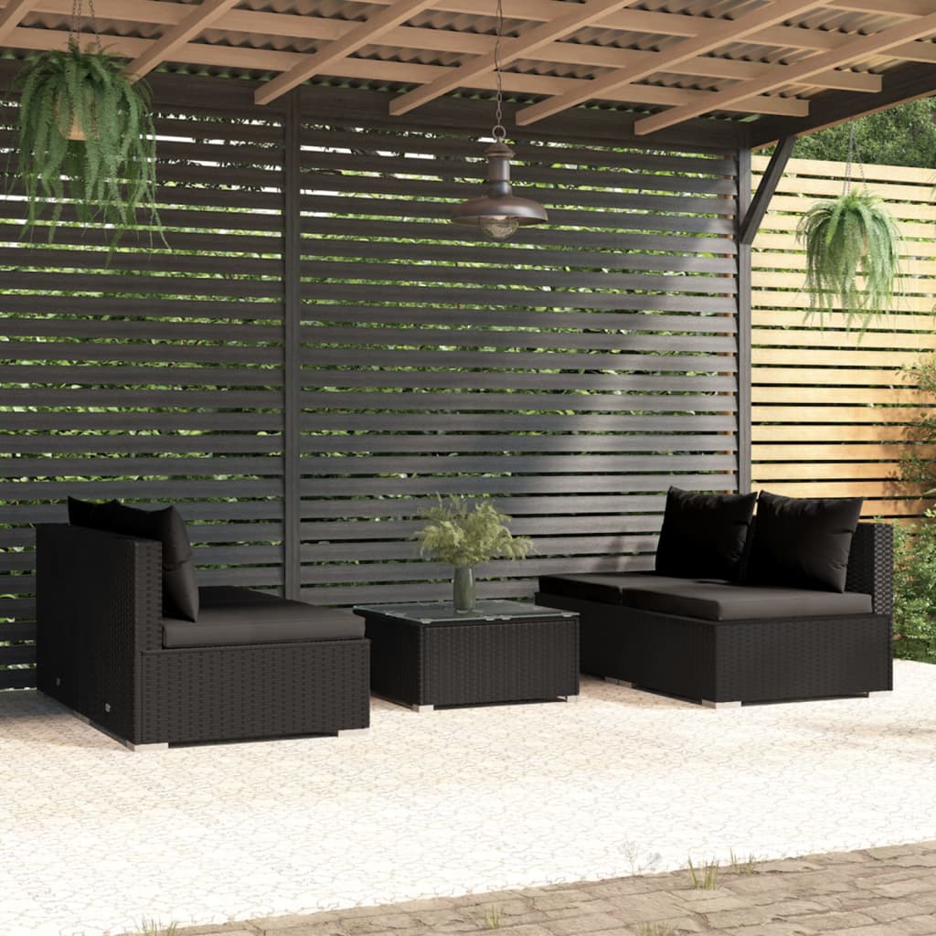 5-tlg. Garten-Lounge-Set mit Kissen Poly Rattan Schwarz