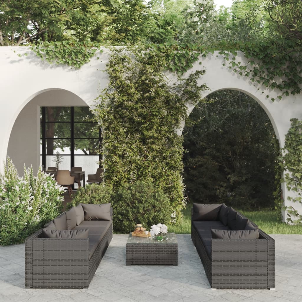 9-tlg. Garten-Lounge-Set mit Auflagen Poly Rattan Grau