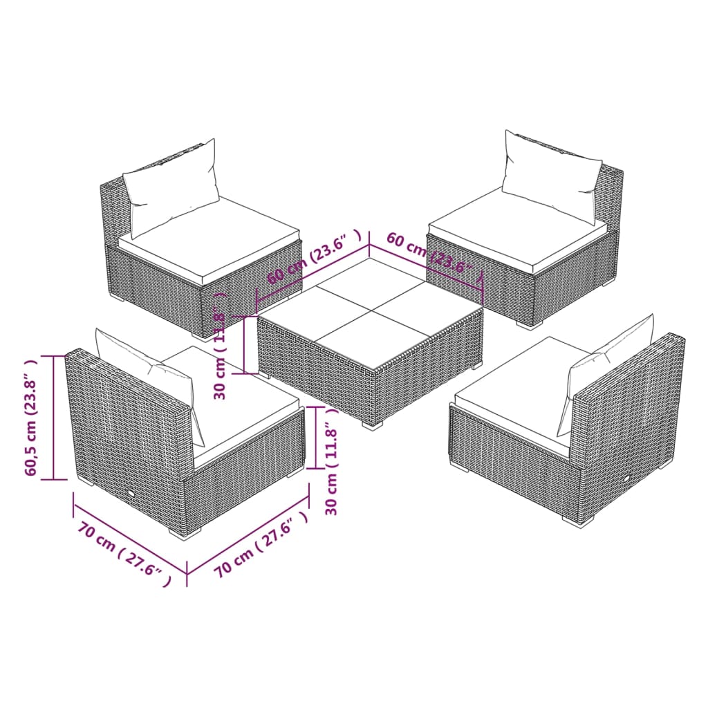 5-tlg. Garten-Lounge-Set mit Kissen Poly Rattan Schwarz