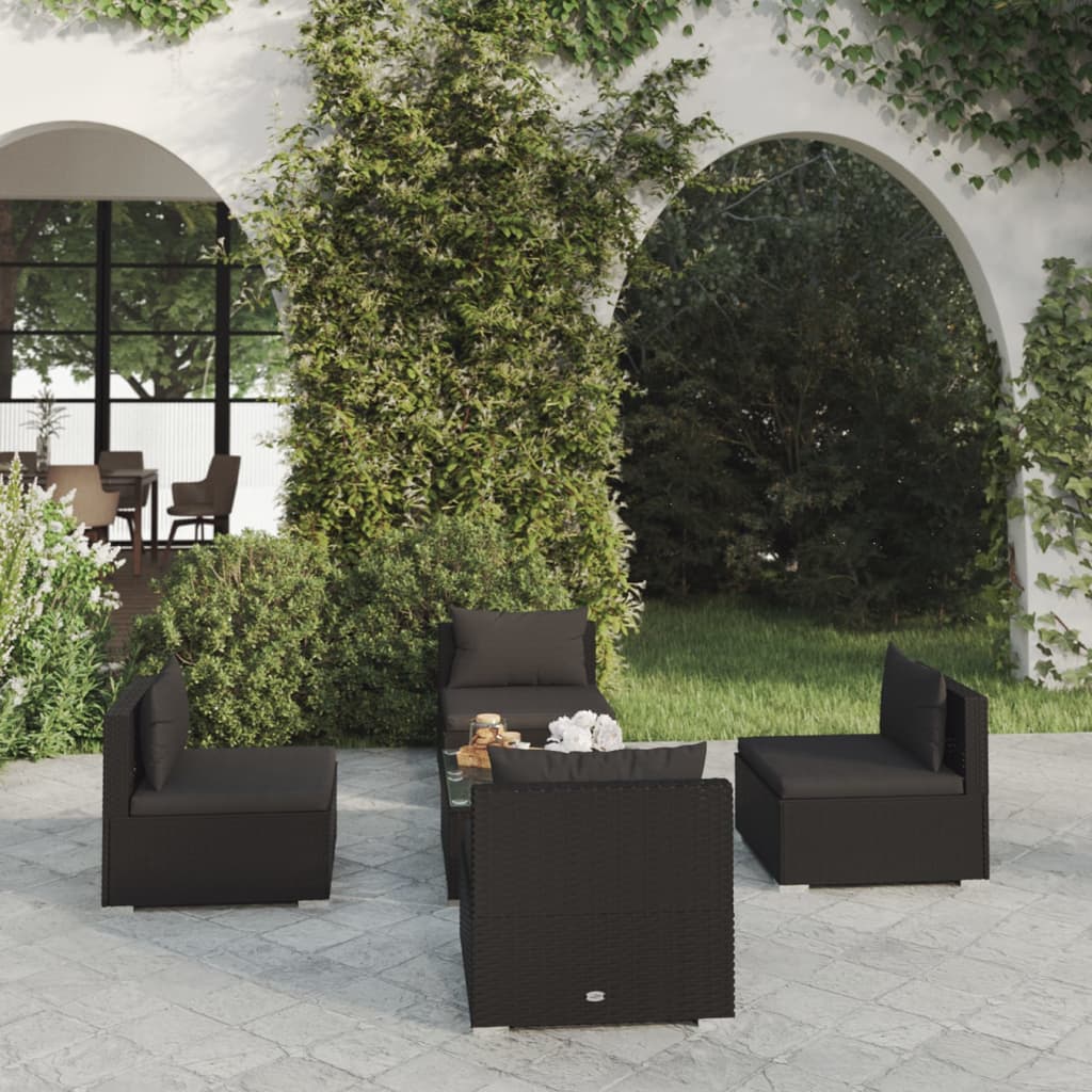 5-tlg. Garten-Lounge-Set mit Kissen Poly Rattan Schwarz