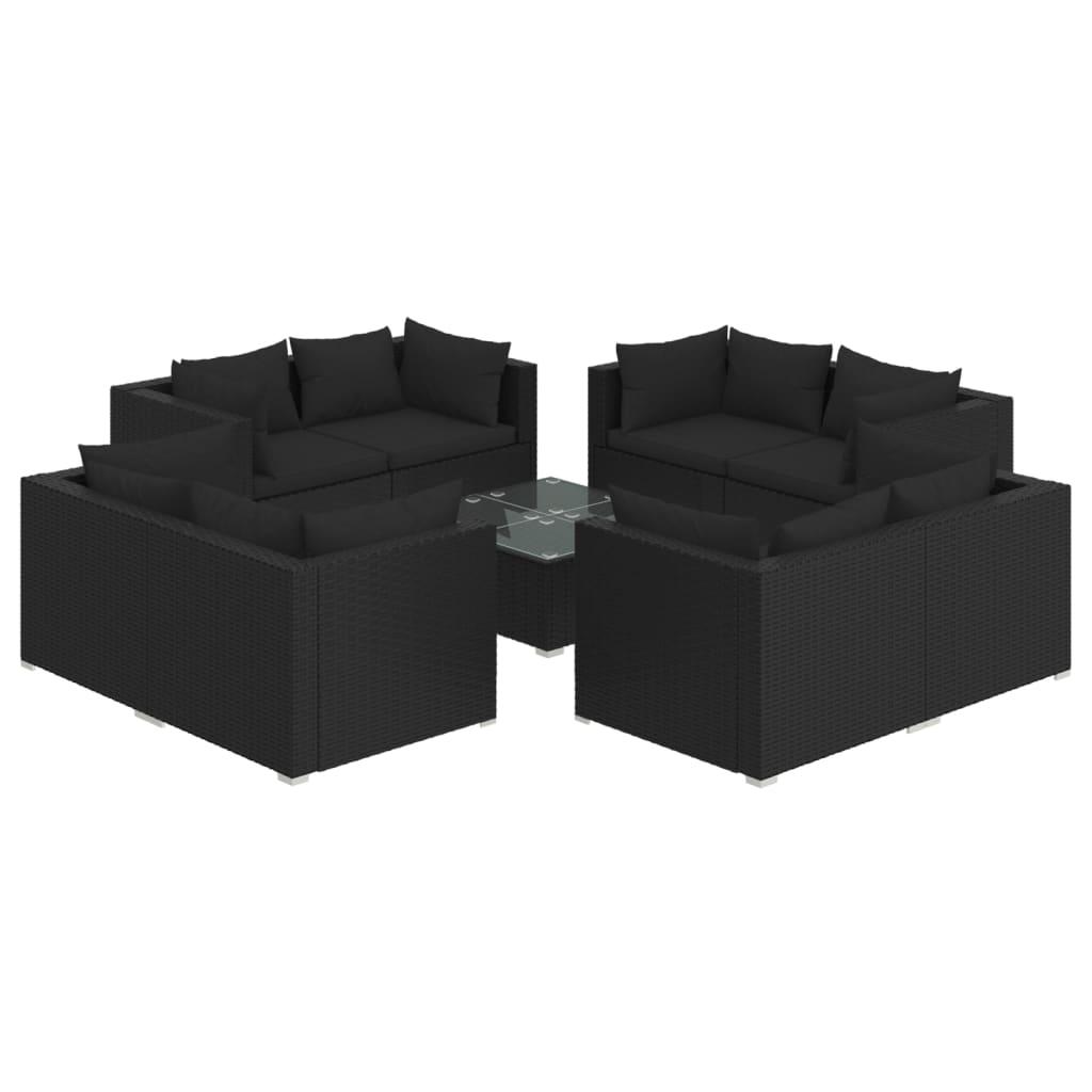 9-tlg. Garten-Lounge-Set mit Kissen Poly Rattan Schwarz