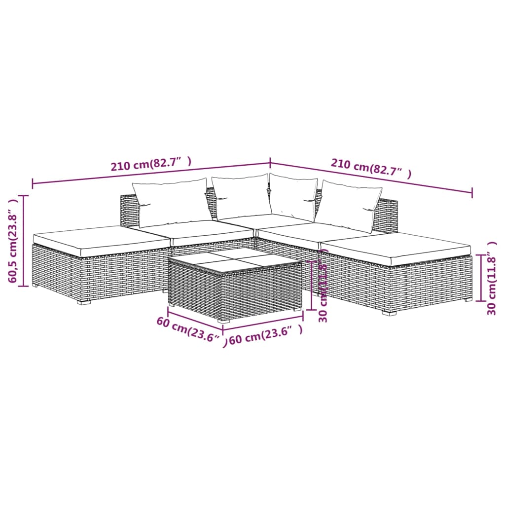 6-tlg. Garten-Lounge-Set mit Kissen Poly Rattan Schwarz