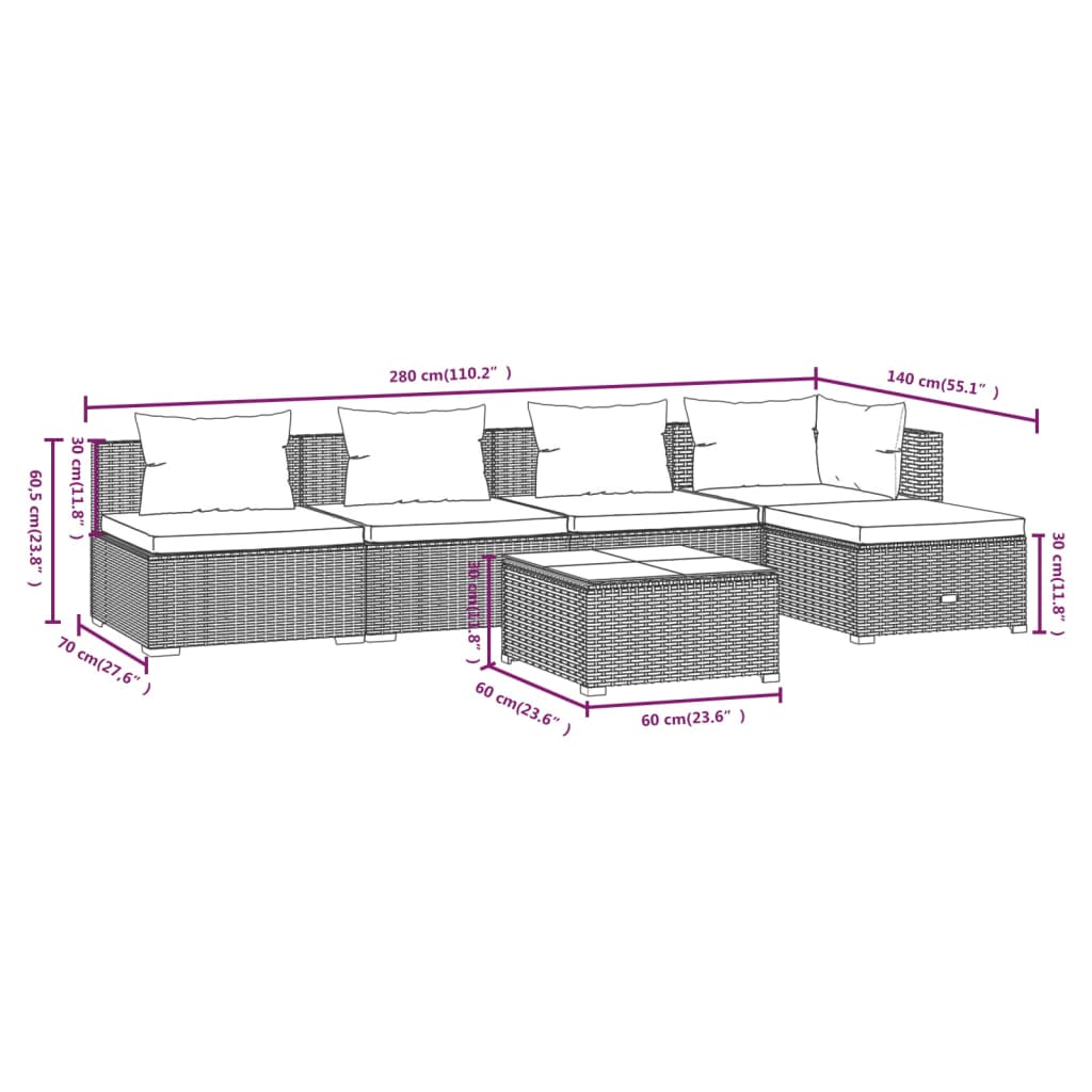 6-tlg. Garten-Lounge-Set mit Kissen Poly Rattan Schwarz