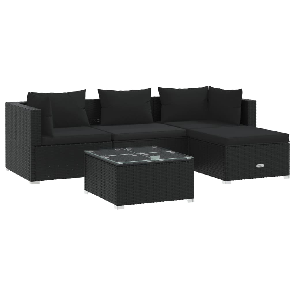 5-tlg. Garten-Lounge-Set mit Kissen Poly Rattan Schwarz