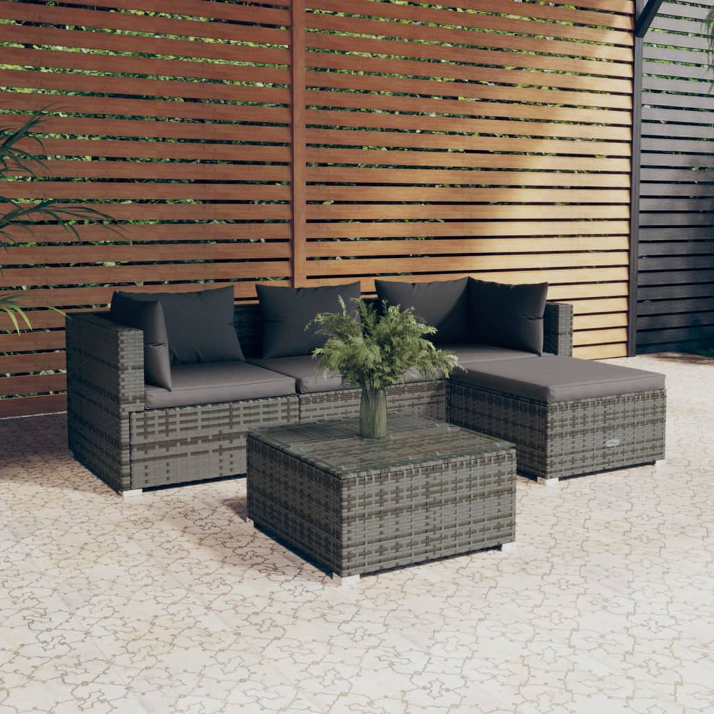 5-tlg. Garten-Lounge-Set mit Kissen Poly Rattan Grau