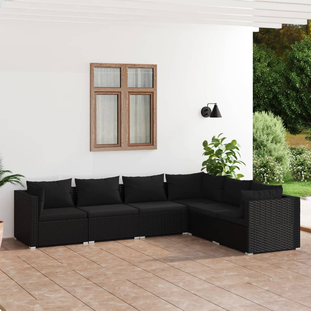 6-tlg. Garten-Lounge-Set mit Kissen Poly Rattan Schwarz