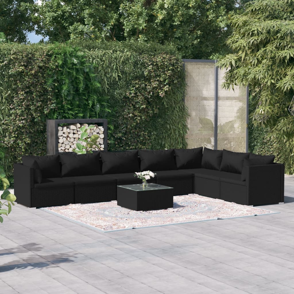 8-tlg. Garten-Lounge-Set mit Kissen Poly Rattan Schwarz
