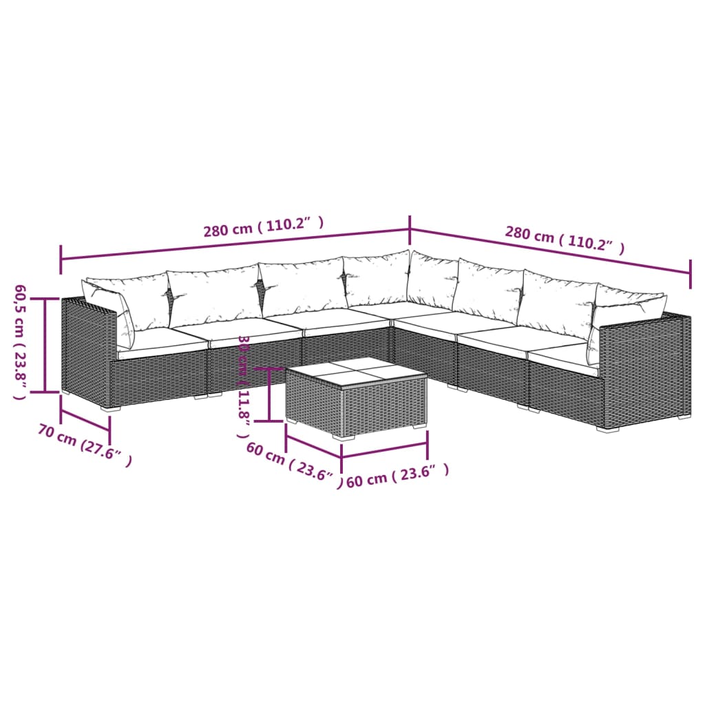 8-tlg. Garten-Lounge-Set mit Kissen Poly Rattan Schwarz