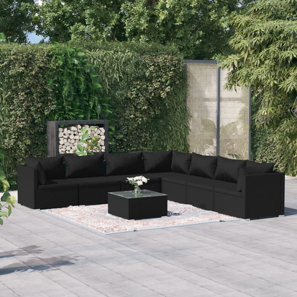 8-tlg. Garten-Lounge-Set mit Kissen Poly Rattan Schwarz