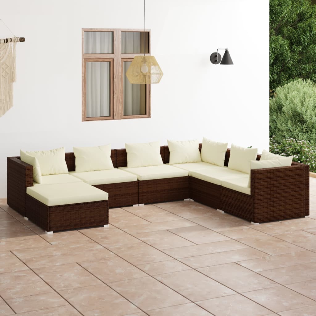 7-tlg. Garten-Lounge-Set mit Kissen Poly Rattan Braun