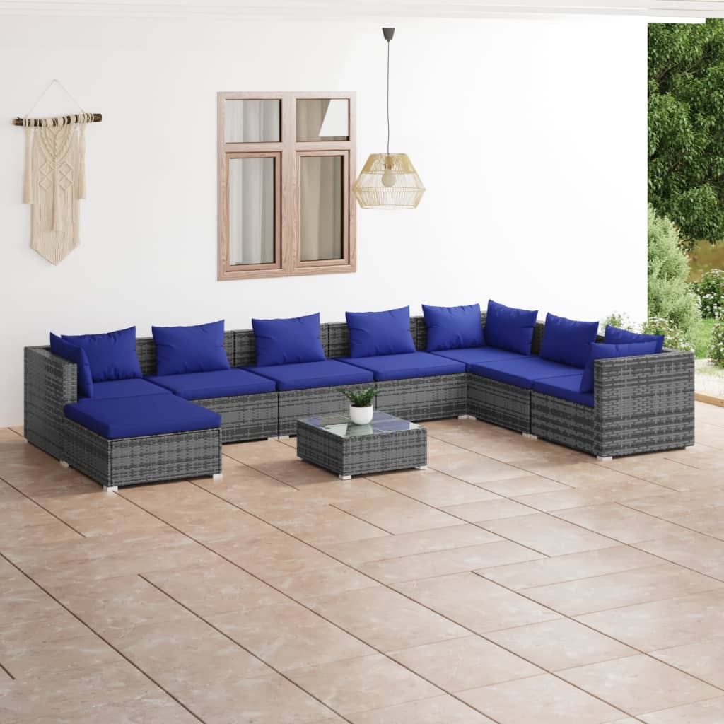 9-tlg. Garten-Lounge-Set mit Kissen Poly Rattan Grau