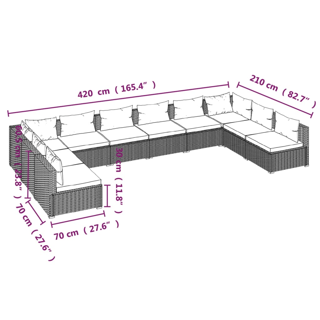 10-tlg. Garten-Lounge-Set mit Kissen Poly Rattan Schwarz