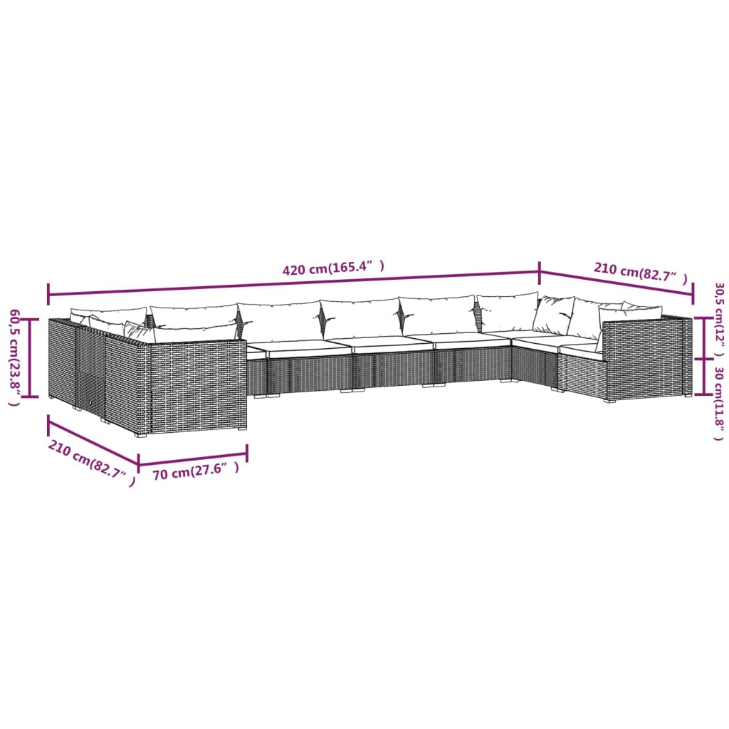 10-tlg. Garten-Lounge-Set mit Kissen Poly Rattan Grau