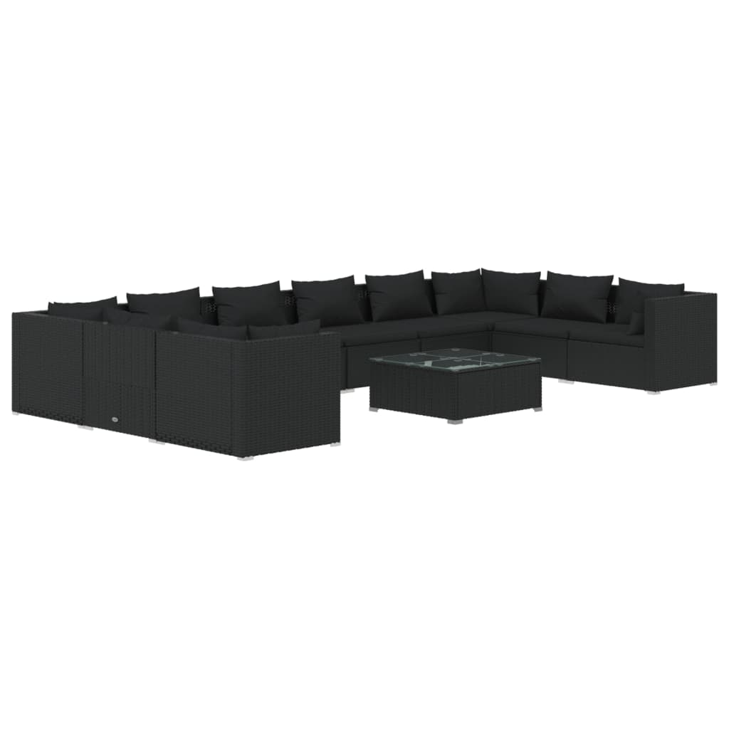 11-tlg. Garten-Lounge-Set mit Kissen Poly Rattan Schwarz