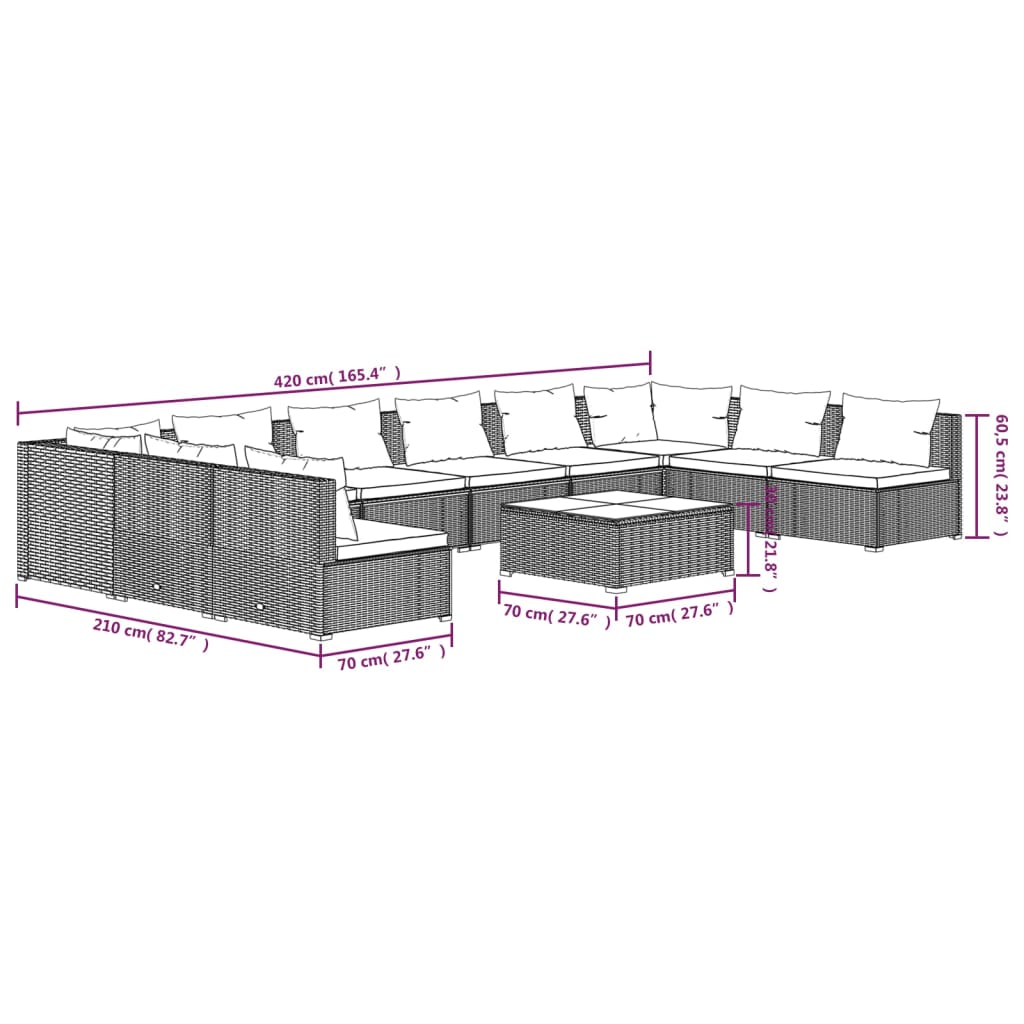 11-tlg. Garten-Lounge-Set mit Kissen Poly Rattan Schwarz