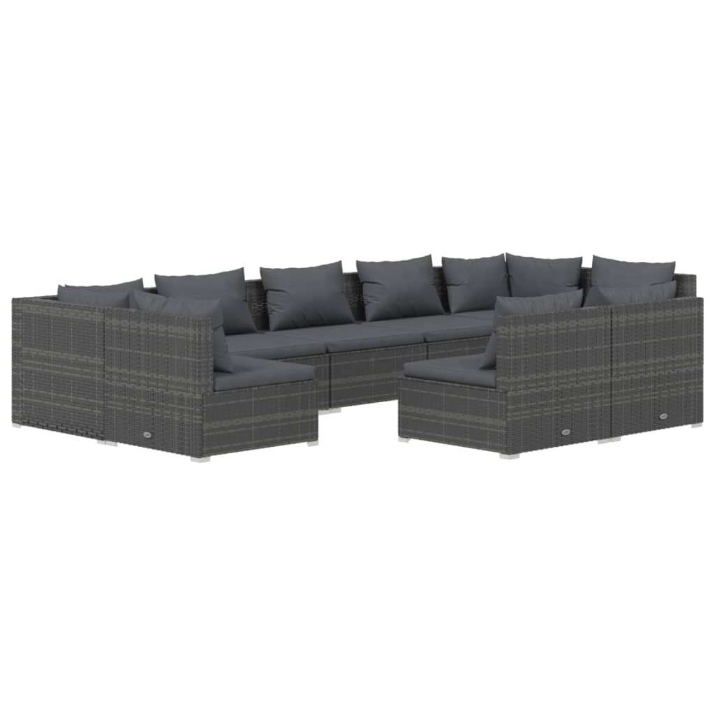 9-tlg. Garten-Lounge-Set mit Kissen Grau Poly Rattan