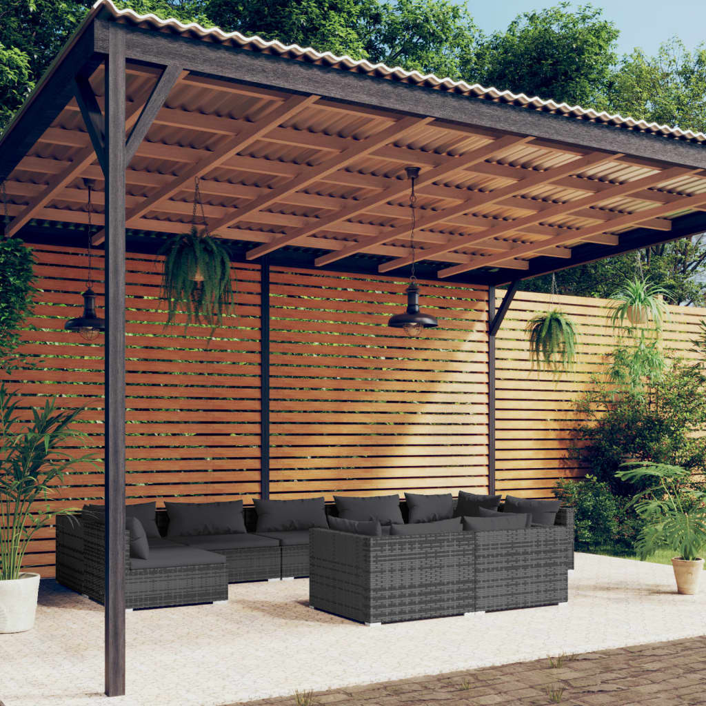 9-tlg. Garten-Lounge-Set mit Kissen Grau Poly Rattan
