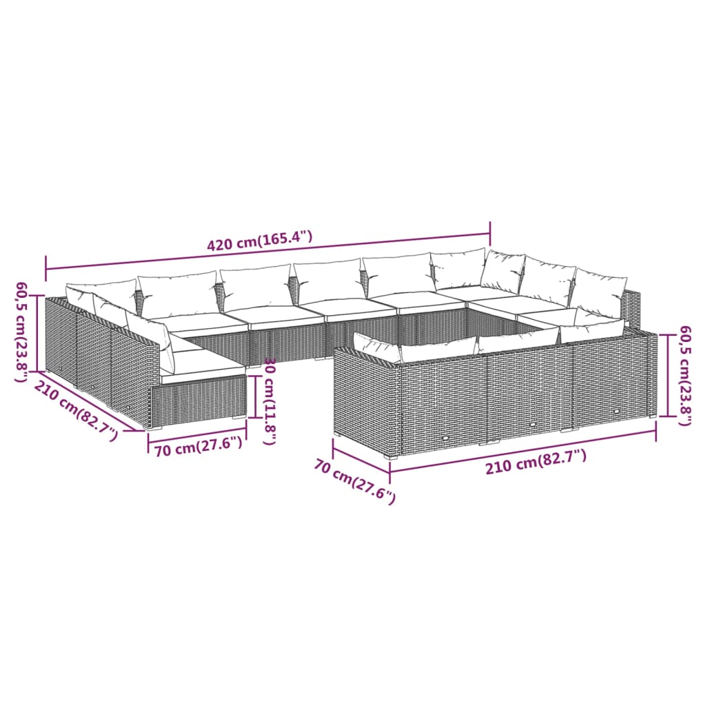 13-tlg. Garten-Lounge-Set mit Kissen Schwarz Poly Rattan