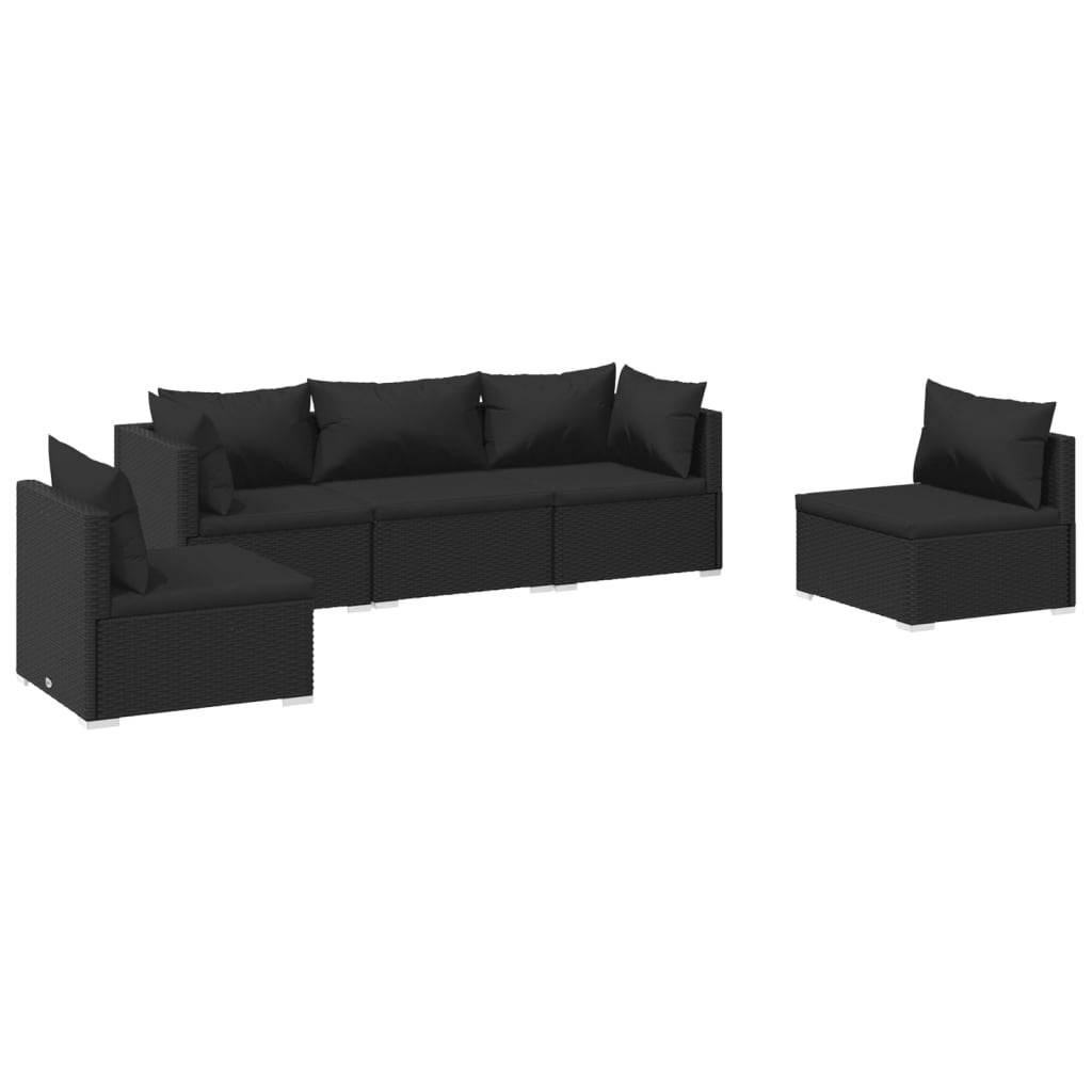 5-tlg. Garten-Lounge-Set mit Kissen Poly Rattan Schwarz