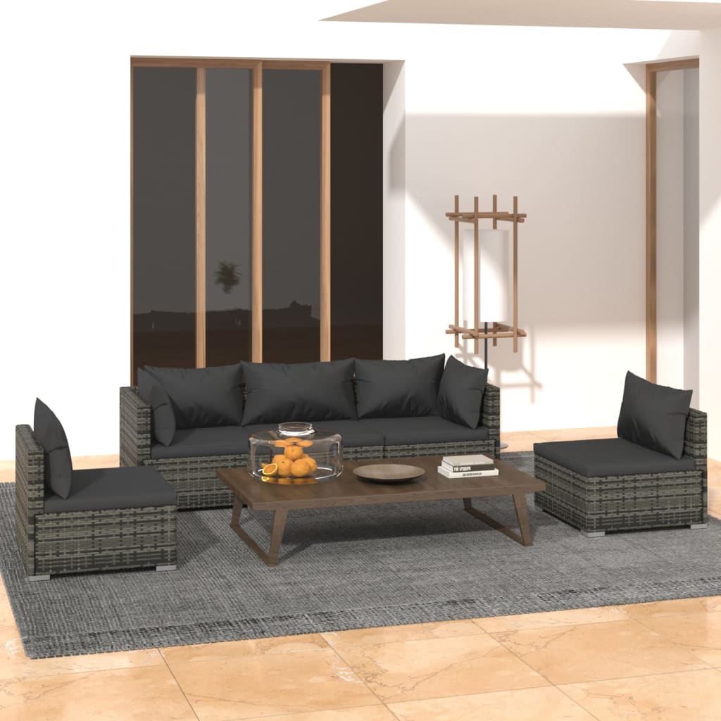 5-tlg. Garten-Lounge-Set mit Kissen Poly Rattan Grau
