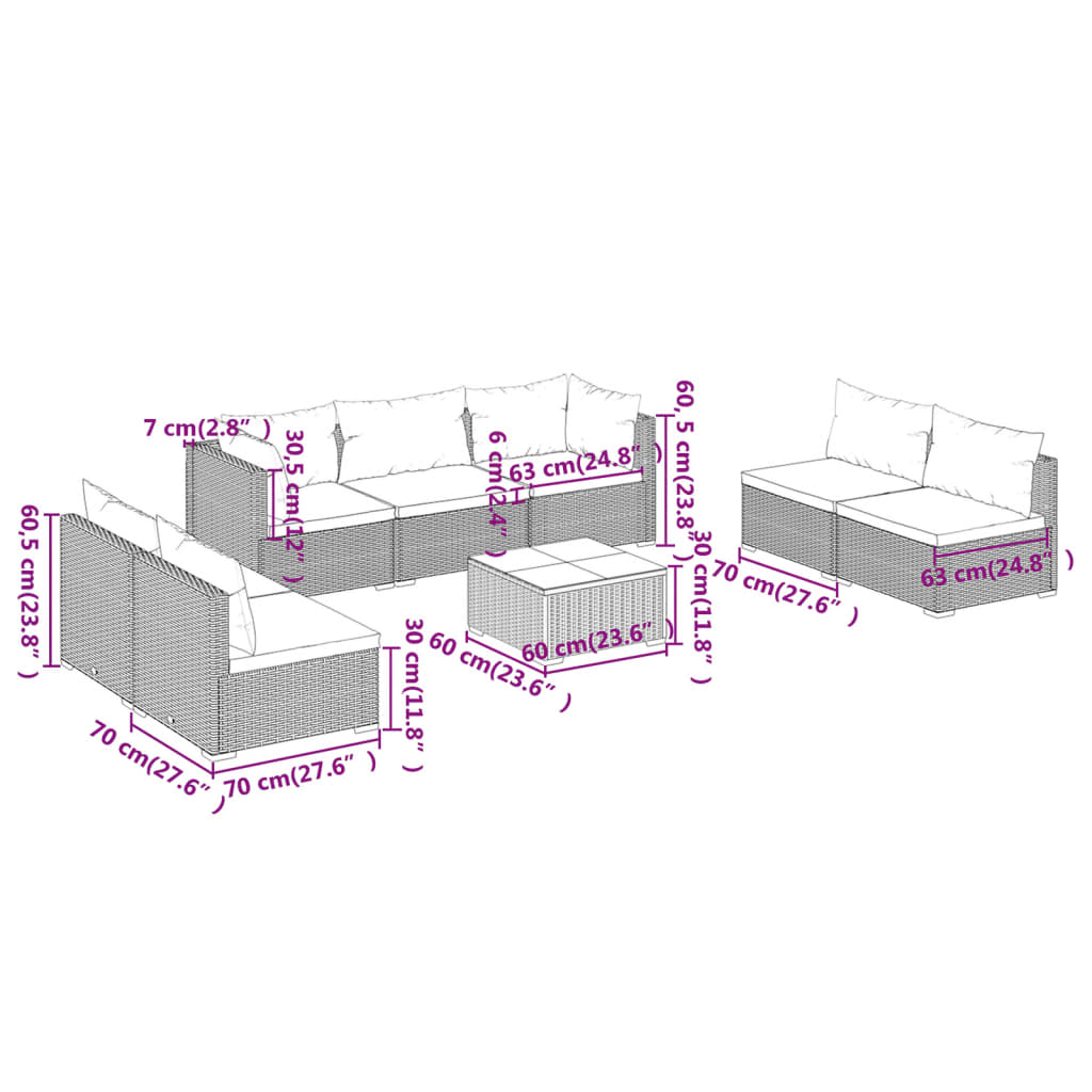 8-tlg. Garten-Lounge-Set mit Kissen Poly Rattan Schwarz