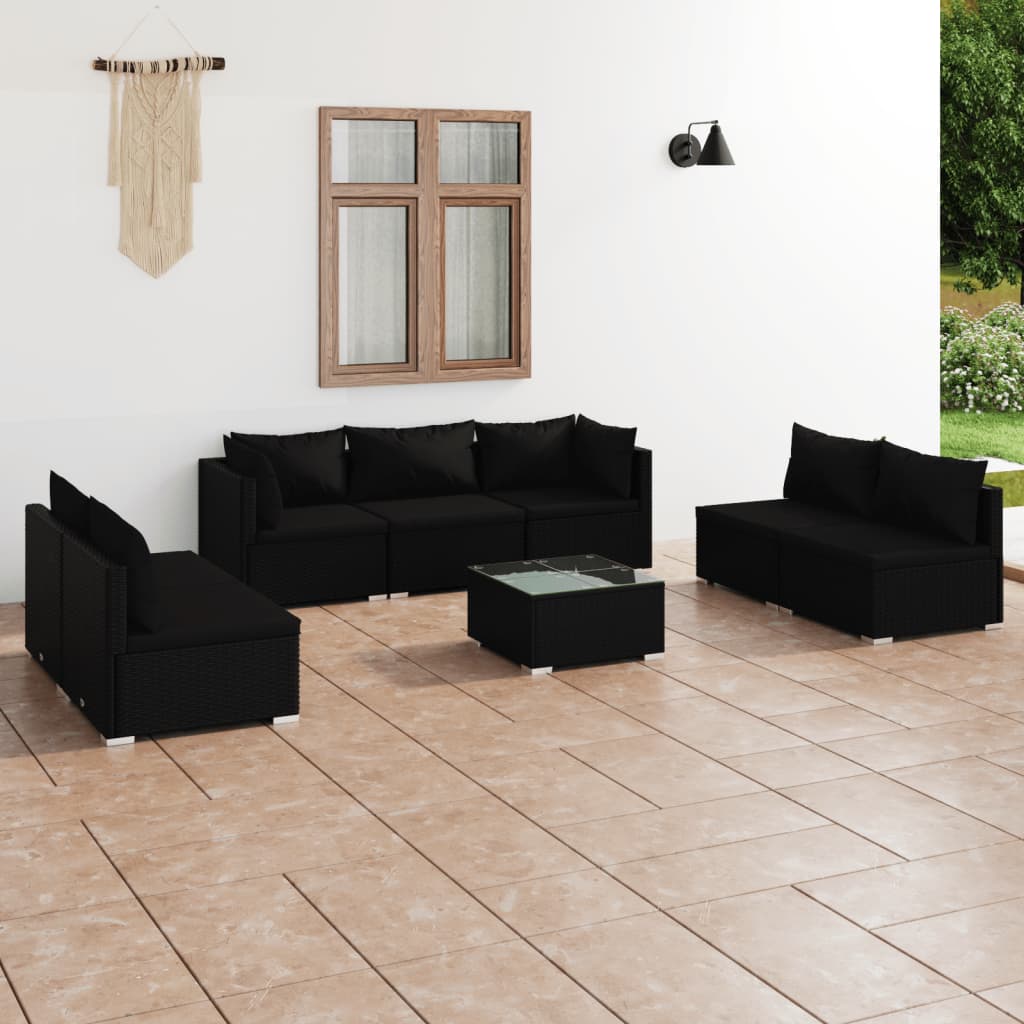 8-tlg. Garten-Lounge-Set mit Kissen Poly Rattan Schwarz