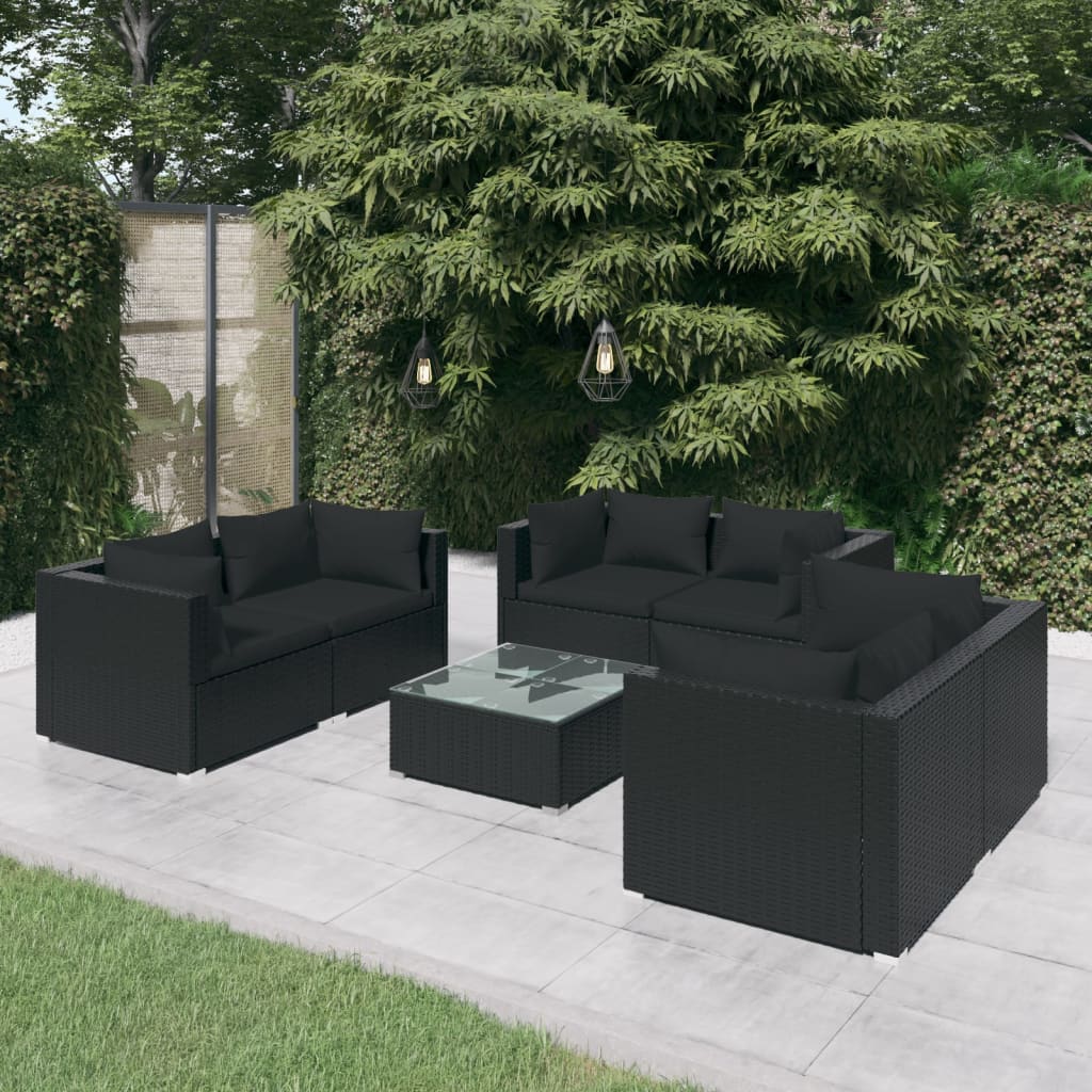 7-tlg. Garten-Lounge-Set mit Kissen Poly Rattan Schwarz