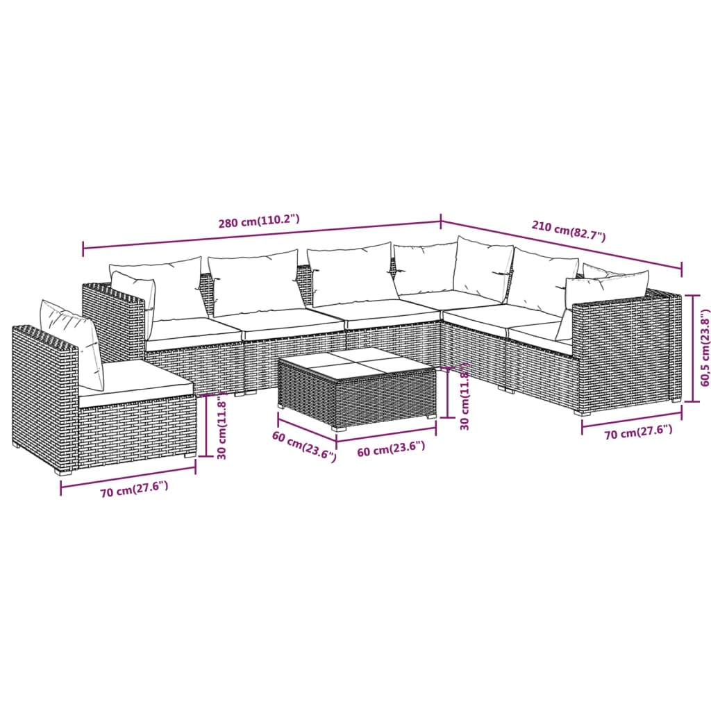 8-tlg. Garten-Lounge-Set mit Kissen Poly Rattan Schwarz