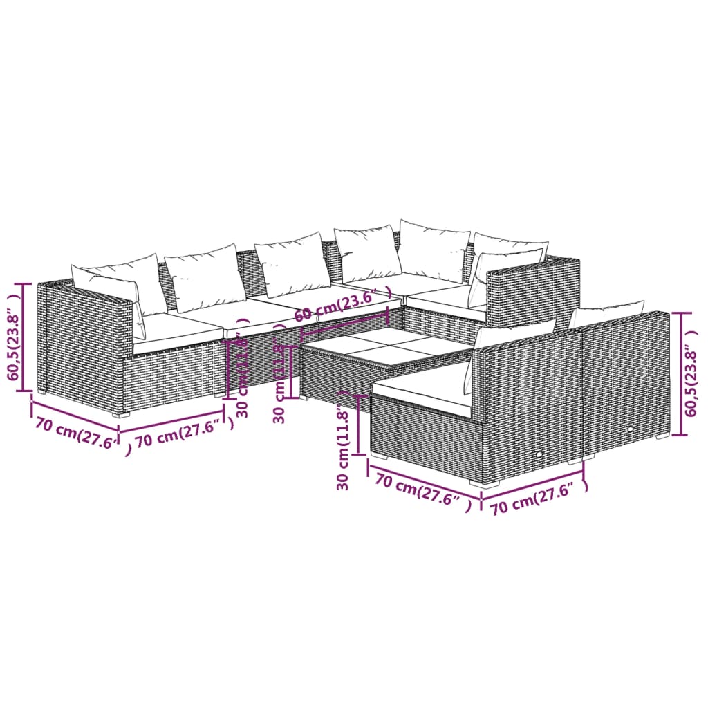 8-tlg. Garten-Lounge-Set mit Kissen Schwarz Poly Rattan