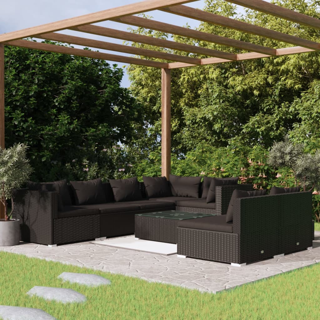 8-tlg. Garten-Lounge-Set mit Kissen Schwarz Poly Rattan