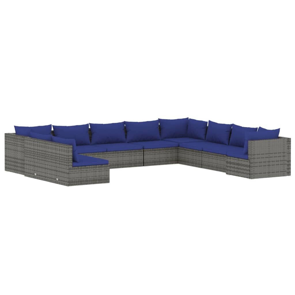 10-tlg. Garten-Lounge-Set mit Kissen Grau Poly Rattan