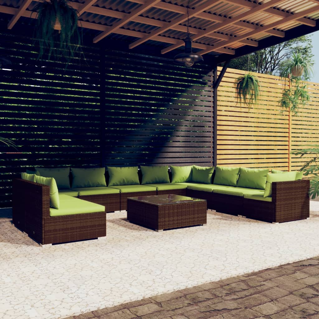 11-tlg. Garten-Lounge-Set mit Kissen Braun Poly Rattan