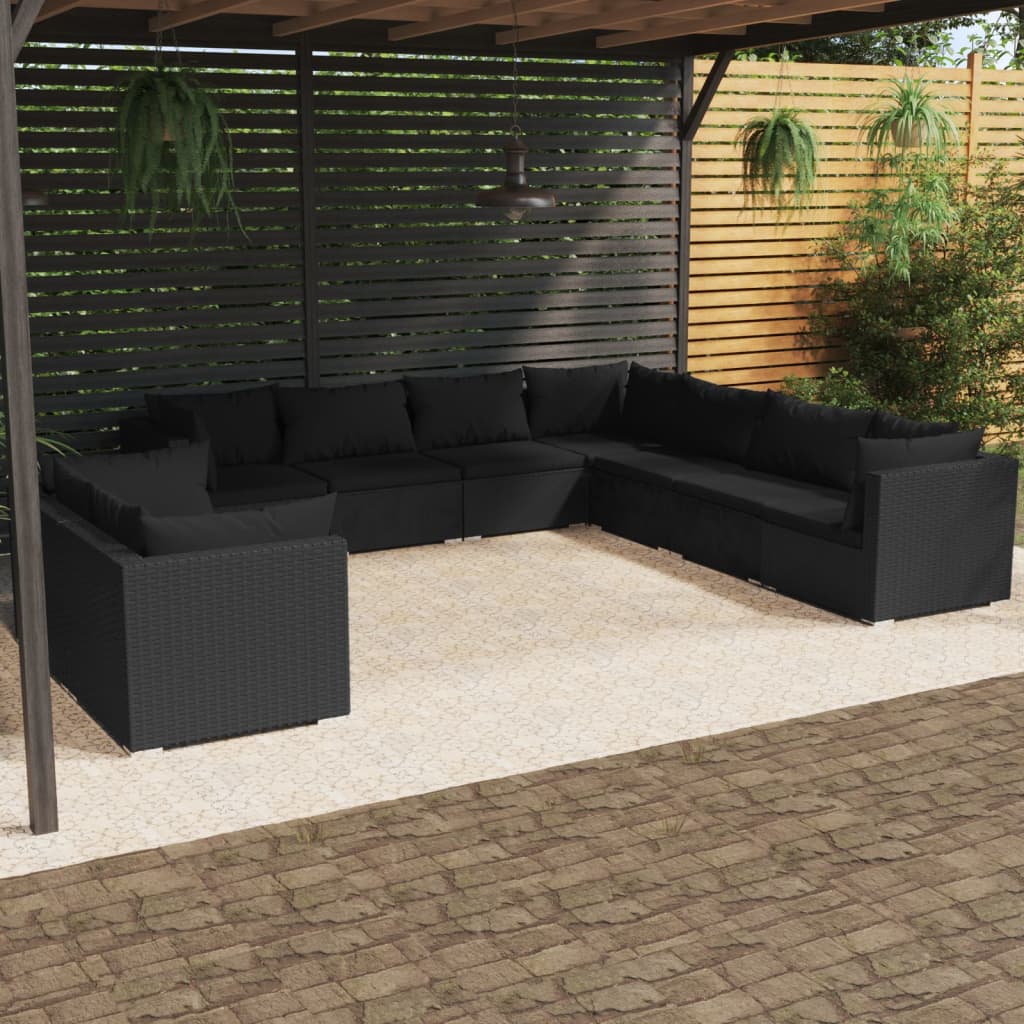 9-tlg. Garten-Lounge-Set mit Kissen Schwarz Poly Rattan