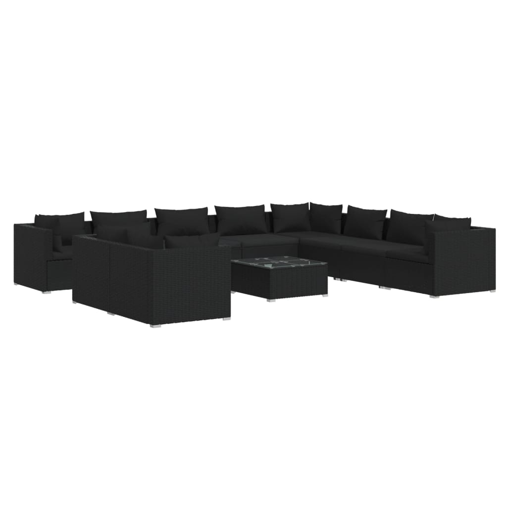 11-tlg. Garten-Lounge-Set mit Kissen Schwarz Poly Rattan