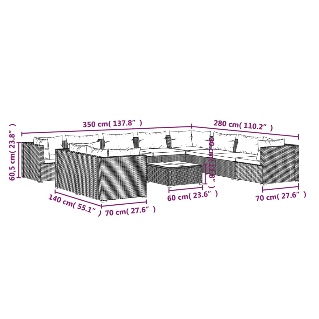11-tlg. Garten-Lounge-Set mit Kissen Schwarz Poly Rattan