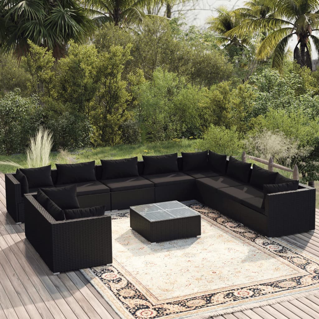 11-tlg. Garten-Lounge-Set mit Kissen Schwarz Poly Rattan