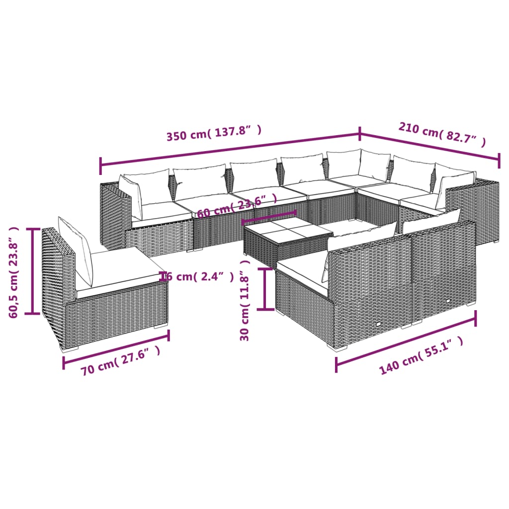 11-tlg. Garten-Lounge-Set mit Kissen Poly Rattan Braun