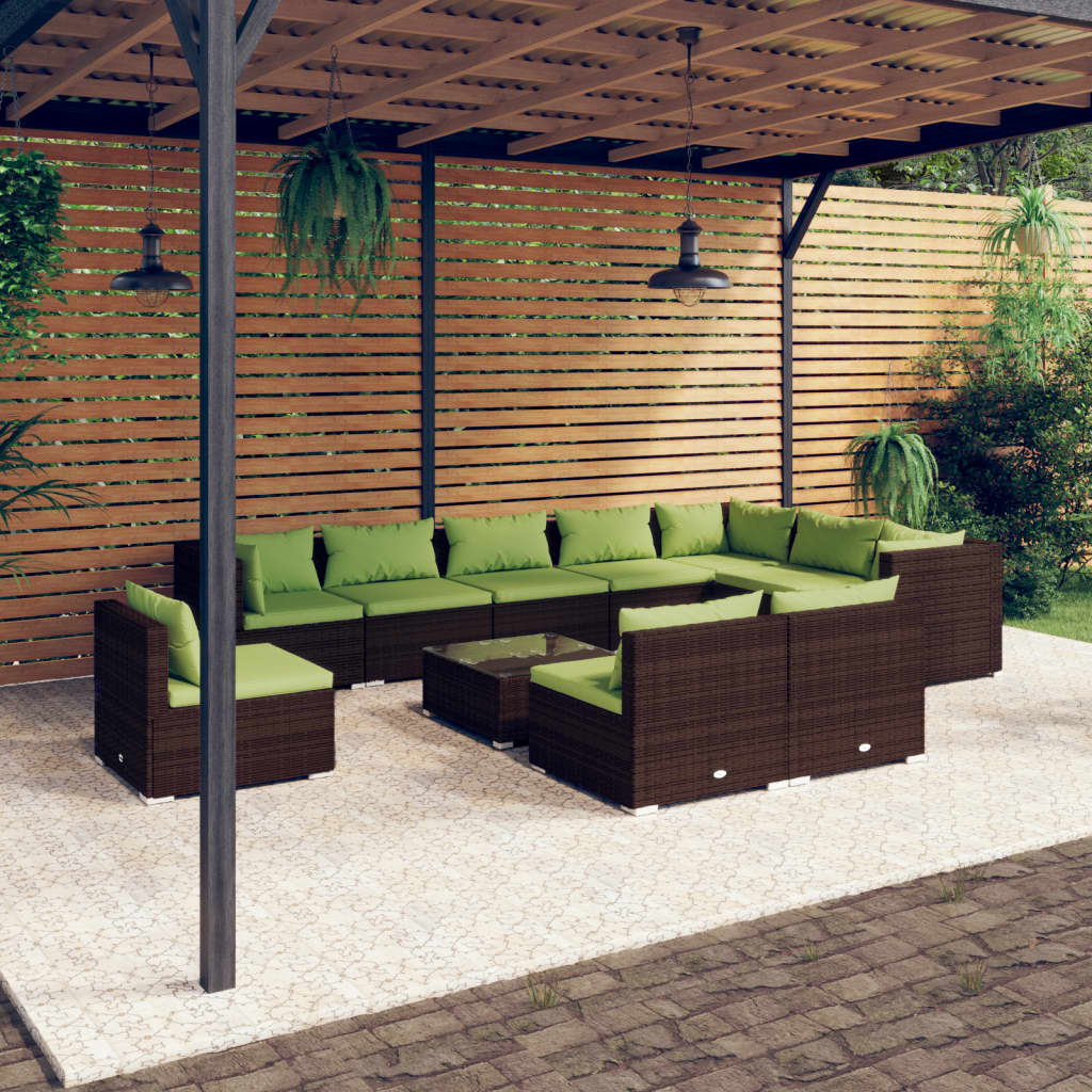 11-tlg. Garten-Lounge-Set mit Kissen Poly Rattan Braun