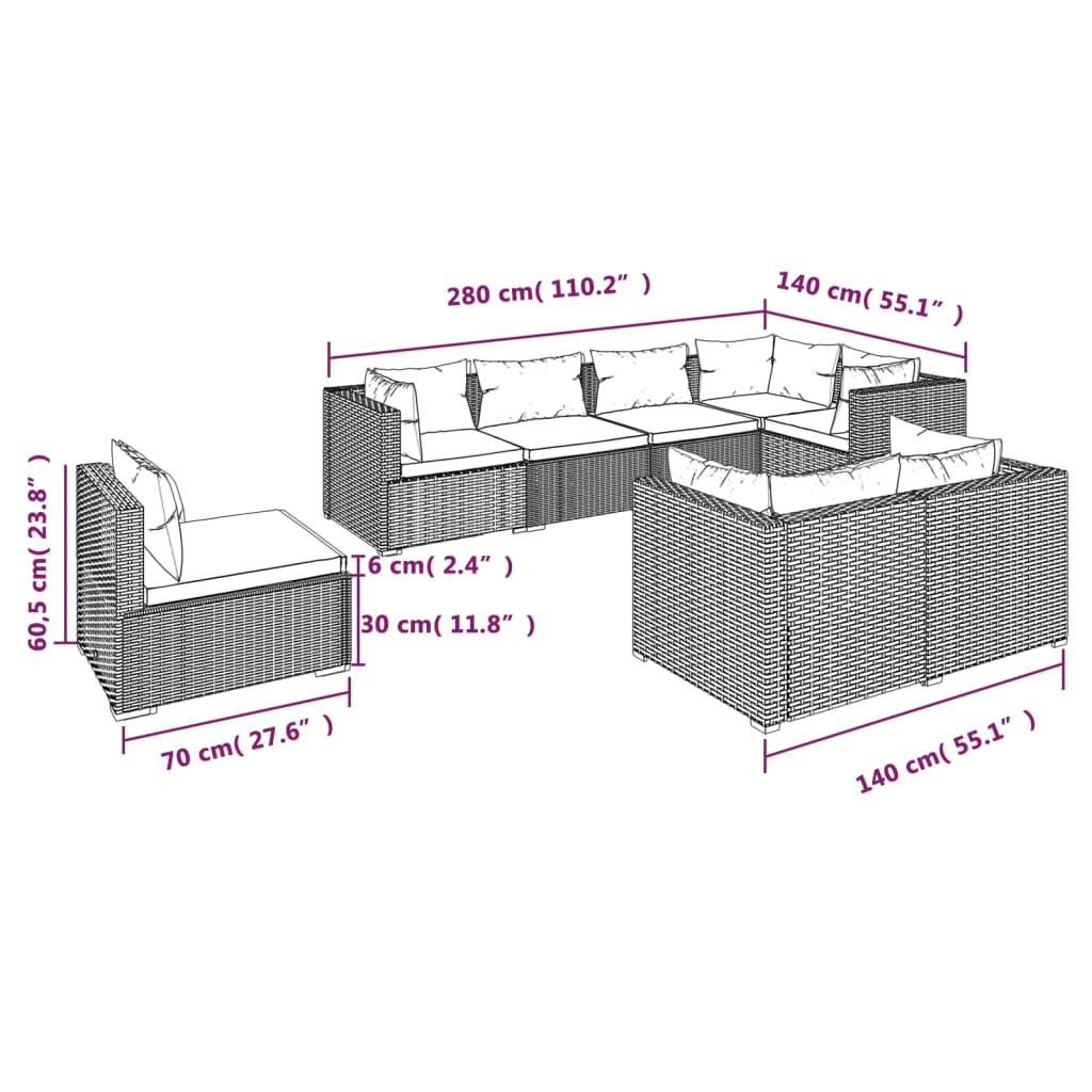 8-tlg. Garten-Lounge-Set mit Kissen Poly Rattan Schwarz