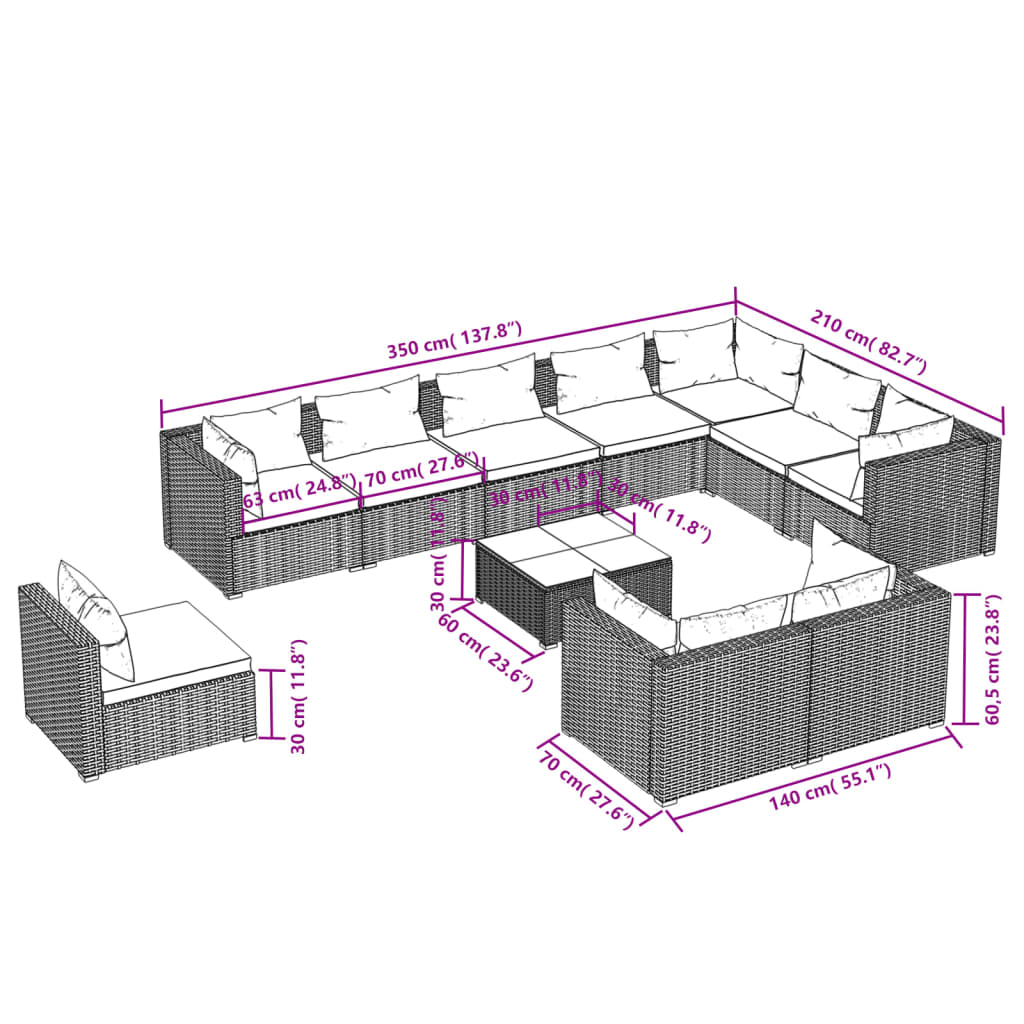 11-tlg. Garten-Lounge-Set mit Kissen Poly Rattan Schwarz
