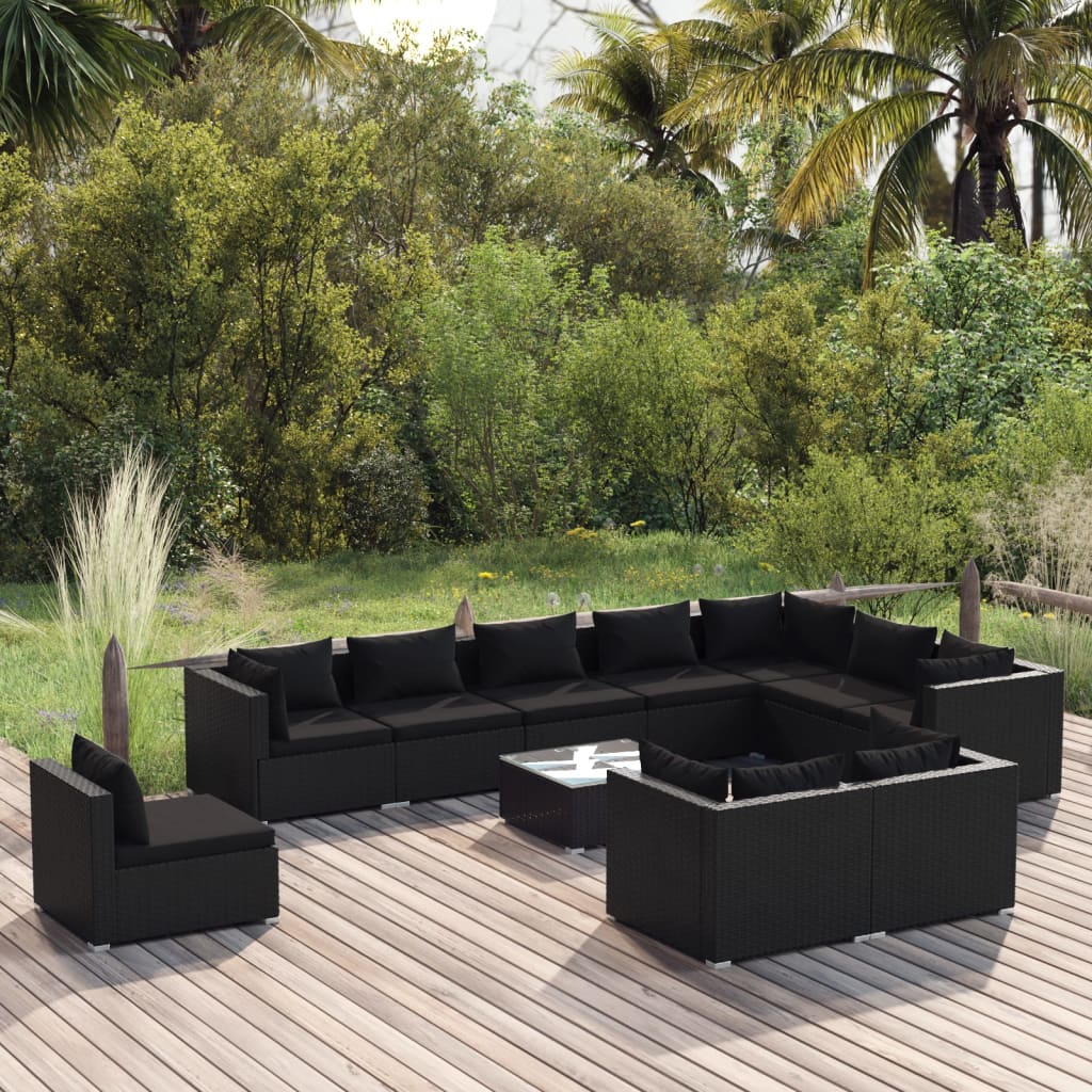 11-tlg. Garten-Lounge-Set mit Kissen Poly Rattan Schwarz